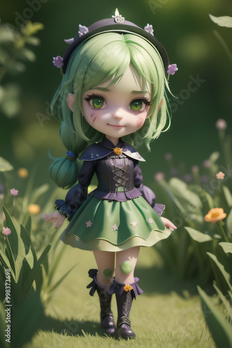 Chibi cute little green witch