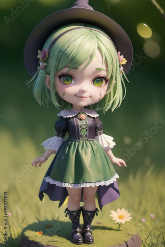 Chibi cute little green witch
