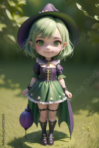 Chibi cute little green witch