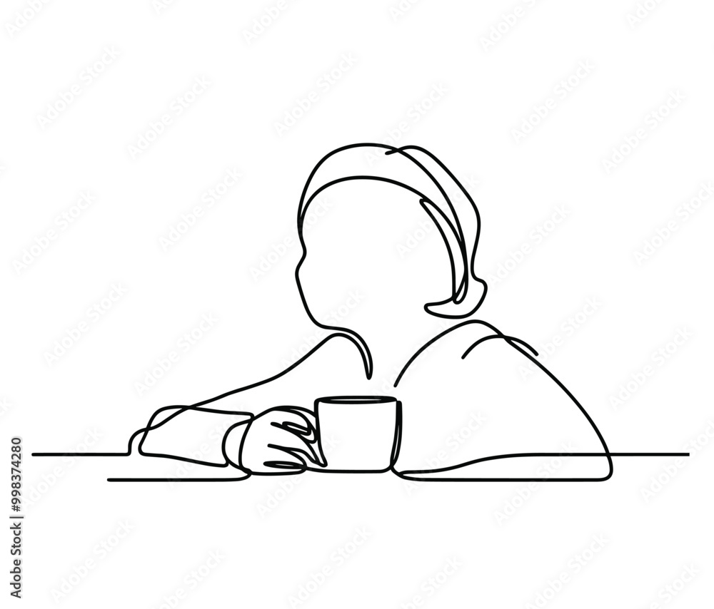Minimalist continuous line drawing of woman relaxing with coffee cup Minimalist continuous line drawing of woman relaxing with coffee cup