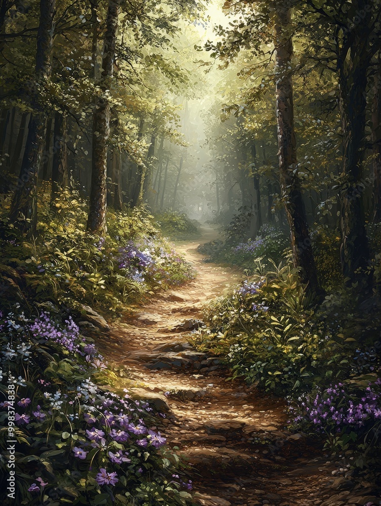 Obraz premium Sunlit Forest Path with Purple Flowers