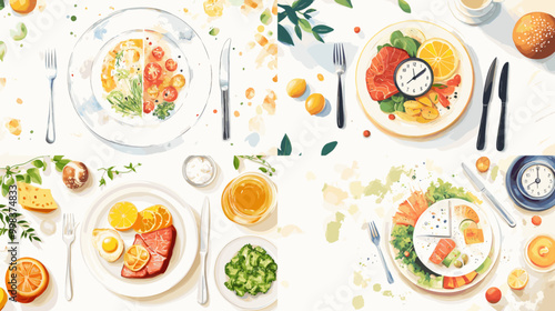 Four different plates of food with a clock in the background. The plates include a salad, a sandwich, a piece of meat, and a fruit plate. The clock is set at 12:00