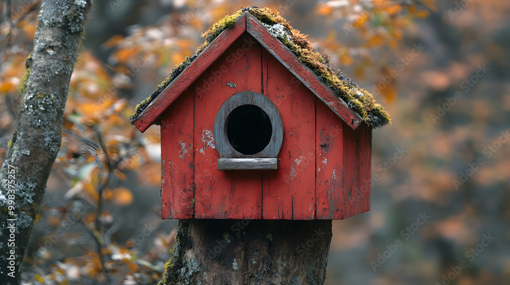 Red Wooden Birdhouse with Moss on Roof Against a Rustic Background
Red Wooden Birdhouse with Moss on Roof Against a Rustic Background