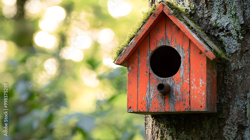 Red Wooden Birdhouse with Moss on Roof Against a Rustic Background 