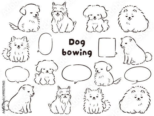 おじぎをしている人気小型犬の手描きイラストセット（吹き出し付き）