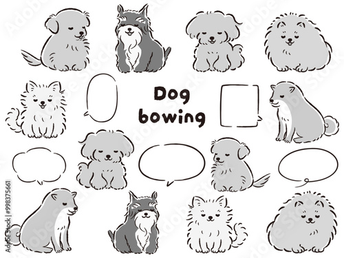 おじぎをしている人気小型犬の手描きイラストセット（吹き出し付き）