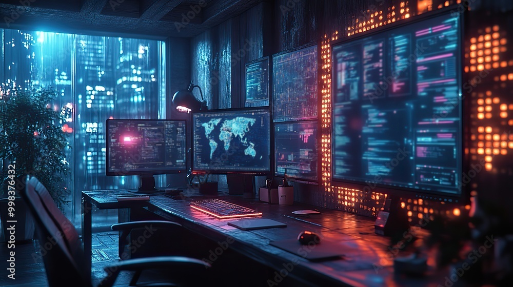 A neon-lit cyberpunk office interior with technology overlays, integrating corporate strategy and tech workstations. A neon-lit cyberpunk office interior with technology overlays, integrating corporate strategy and tech workstations.