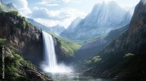 beauty of a waterfall cascading from towering mountains, its water sparkling as it falls.