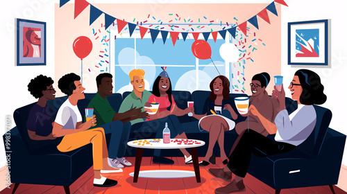 Birthday party illustration. Cheerful people sitting on couch in cafe and drinking champagne. Flat cartoon people characters with balloons, flags and confetti