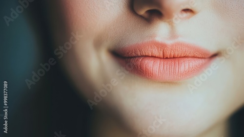 Close-up of a woman's lips, subtly colored, showcasing a soft smile against a blurred background.