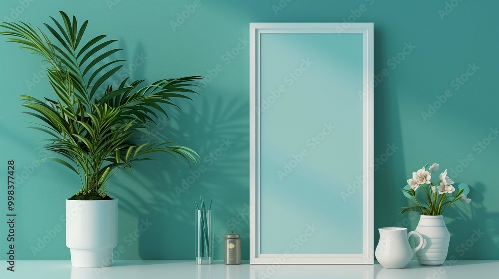 Photo frame mockup with plants and toiletries on shelf. Empty picture and decorative elements template advertising image. Cute interior design elements mock up product photorealistic Photo frame mockup with plants and toiletries on shelf. Empty picture and decorative elements template advertising image. Cute interior design elements mock up product photorealistic