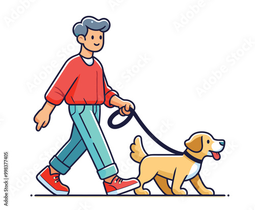 character walking a dog on a leash in a fun and playful style