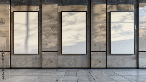 Vertical posters mockups hanging on building facade of stone blocks. Event announcement banners templates advertising image. Street art pictures mock ups product photorealistic