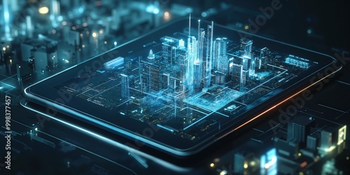 Futuristic digital cityscape on microchip board for technology design and innovation photo