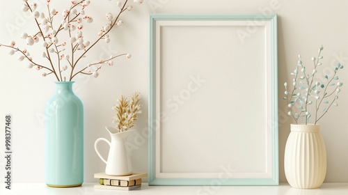 Image mockup in frame with floral decor on shelf. Photography with small flowers in vases template advertising image. Minimalist interior with painting mock up product photorealistic