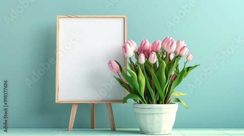 Easel with canvas mockup and tulip bouquets. International women day greeting card template advertising image. Blank painting with fresh flowers mock up product photorealistic