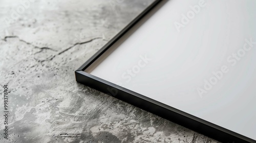 Picture mockup with black frame on concrete table. Corner of photography template on stone surface advertising image. Decorative painting mock up product photorealistic closeup