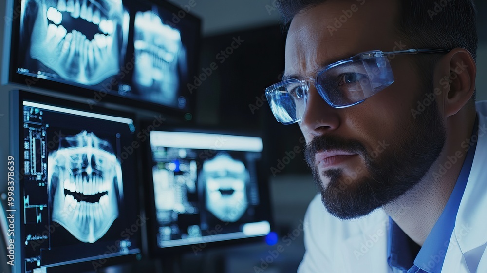 A dentist analyzing dental X-rays on a computer screen. AI generated image A dentist analyzing dental X-rays on a computer screen. AI generated image