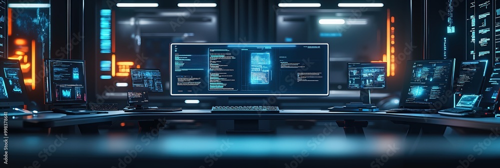 Fototapeta premium Cybersecurity command center with multiple monitors displaying code for network protection and analysis