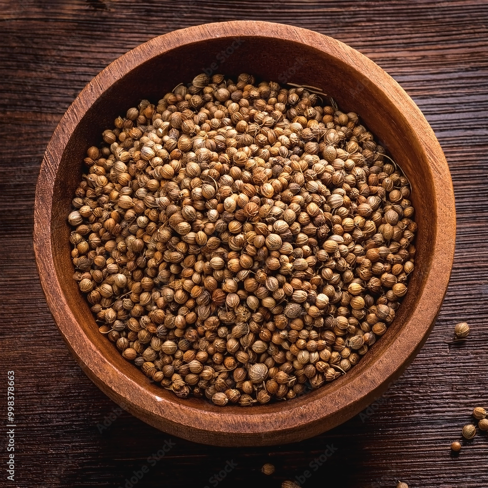 Coriander seeds isolated over wooden background Coriander seeds isolated over wooden background