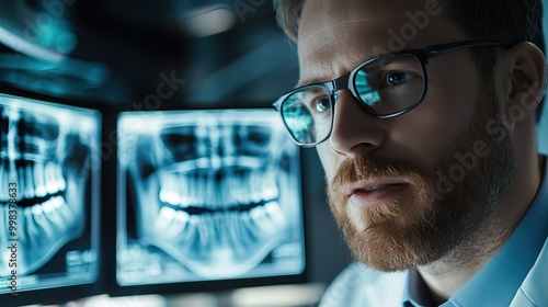A dentist analyzing dental X-rays on a computer screen. AI generated image