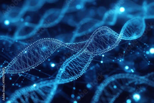 Abstract depicting detailed double helix DNA sequencing, with connections, synapses and modern details for today's pharma and research background