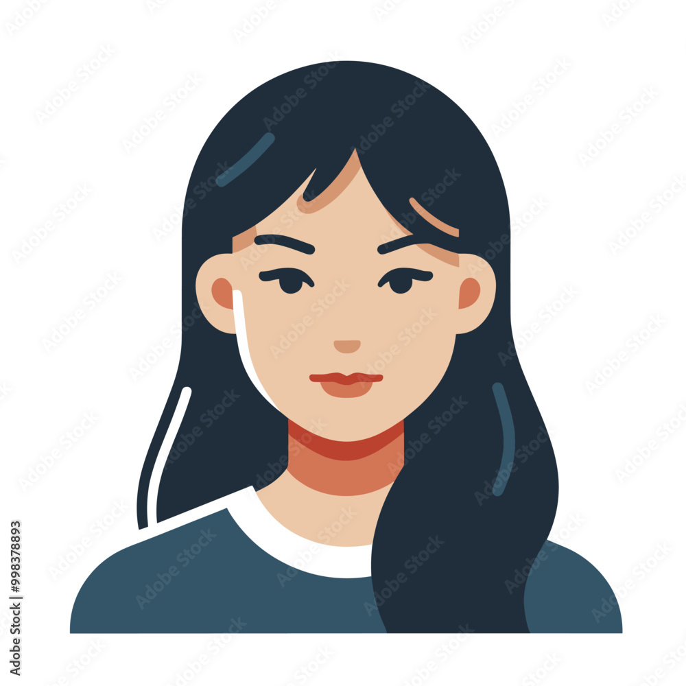 Illustrated female avatar with long dark hair and minimalist style Illustrated female avatar with long dark hair and minimalist style