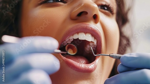 A close-up of a dental procedure being performed on a female patient. AI generated image