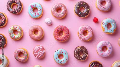 Isolated fresh donut with white icing sugar and colorful sprinkles on a white background photo