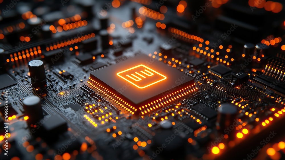 A technology concept showing a USB symbol on a microchip with orange neon data flows, representing communication between the CPU and the user on a futuristic motherboard in 3D. A technology concept showing a USB symbol on a microchip with orange neon data flows, representing communication between the CPU and the user on a futuristic motherboard in 3D.