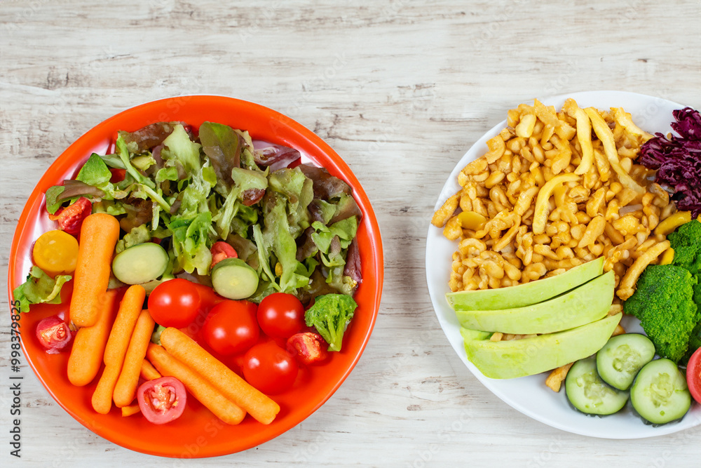 Healthy natural organic fresh vegetarian food and unhealthy processed fast junk food Healthy natural organic fresh vegetarian food and unhealthy processed fast junk food