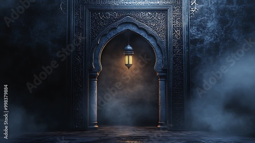 An Islamic Ramadan background with an open lantern illuminating the dark room, creating light rays that subtly form into arabesque patterns on the archway and door frame