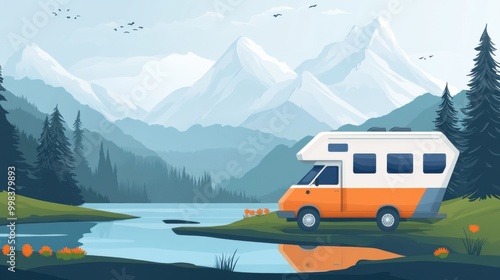 Adventurer's Journey: Campervan Driving Through Majestic Mountain Range photo