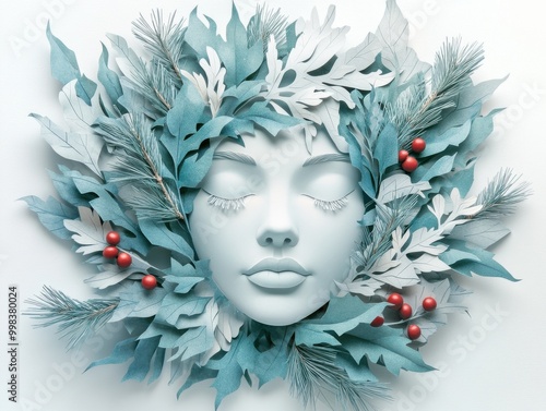 Winter-Themed Paper Art Mask with Seasonal Foliage and Berries for Holiday Decoration