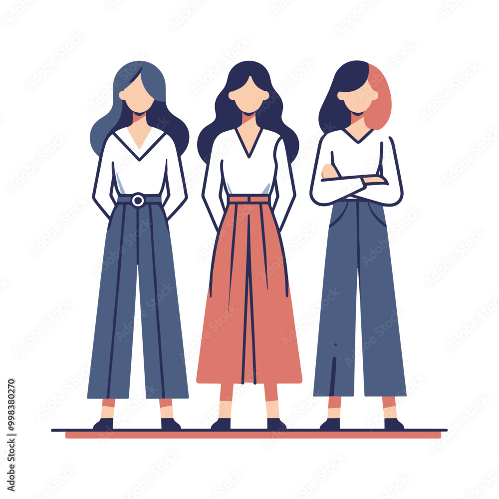 Minimalist illustration of three stylish women standing together in modern outfits Minimalist illustration of three stylish women standing together in modern outfits