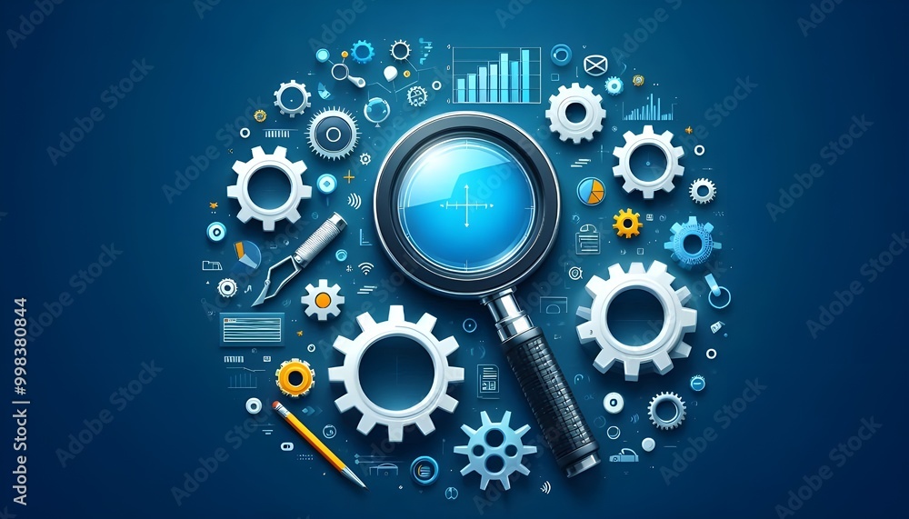 Magnifying glass and gears on blue background representing seo audit and analysis. Magnifying glass and gears on blue background representing seo audit and analysis.