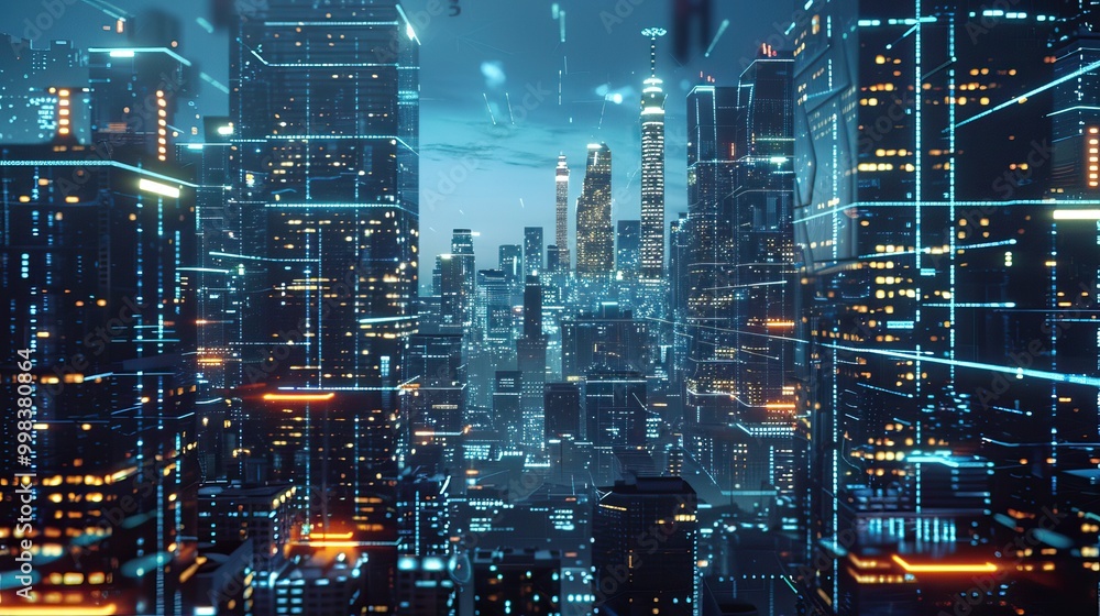 Futuristic Cityscape with Glowing Digital Network Futuristic Cityscape with Glowing Digital Network