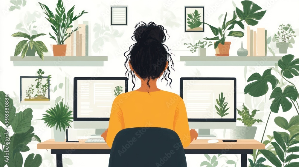 Woman Working at a Desk with Plants Woman Working at a Desk with Plants