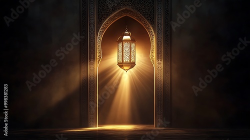 An Islamic Ramadan background with an open lantern illuminating the dark room, creating light rays that subtly form into arabesque patterns on the archway and door frame