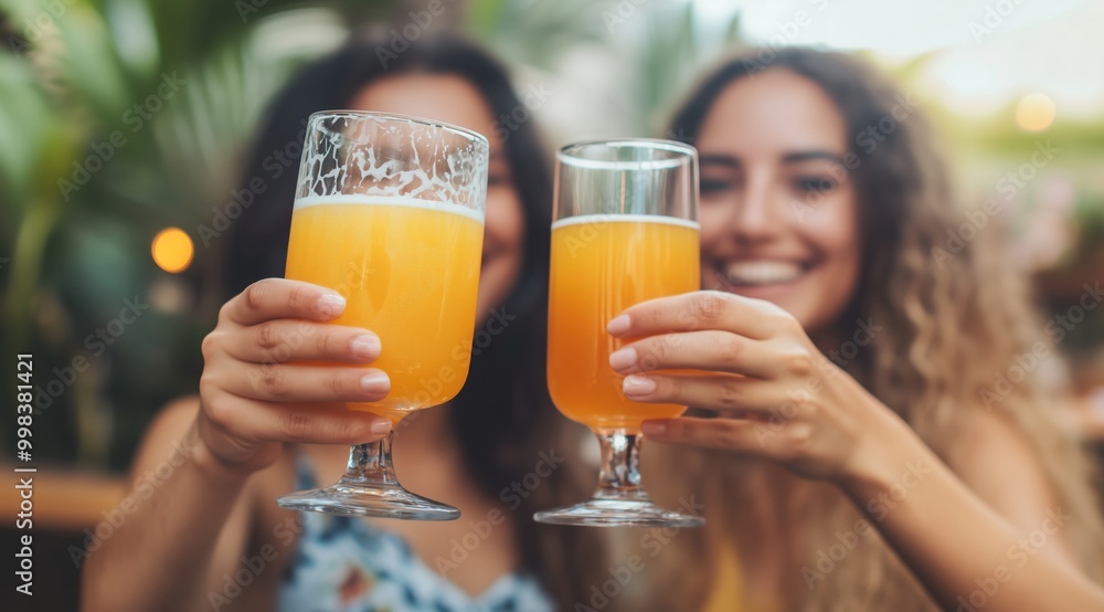 Celebratory Toast Between Two Women Enjoying Drinks at an Outdoor Bar on a Sunny Day Celebratory Toast Between Two Women Enjoying Drinks at an Outdoor Bar on a Sunny Day