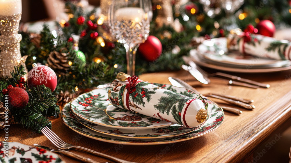 beautifully set dining table adorned with festive decorations, featuring Christmas crackers, elegant plates, and sparkling glassware, creating warm holiday atmosphere beautifully set dining table adorned with festive decorations, featuring Christmas crackers, elegant plates, and sparkling glassware, creating warm holiday atmosphere