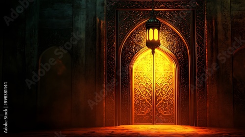 An Islamic Ramadan background with an open lantern illuminating the dark room, creating light rays that subtly form into arabesque patterns on the archway and door frame