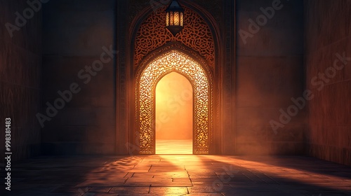 An Islamic Ramadan background with an open lantern illuminating the dark room, creating light rays that subtly form into arabesque patterns on the archway and door frame