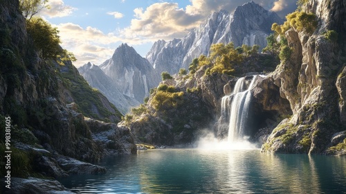 In this stunning view, a waterfall pours down from the heights of imposing mountains, forming a shimmering pool below