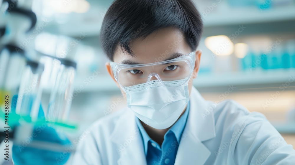 Scientist in laboratory wearing protective gear while conducting research with lab equipment in a modern facility. Scientist in laboratory wearing protective gear while conducting research with lab equipment in a modern facility.