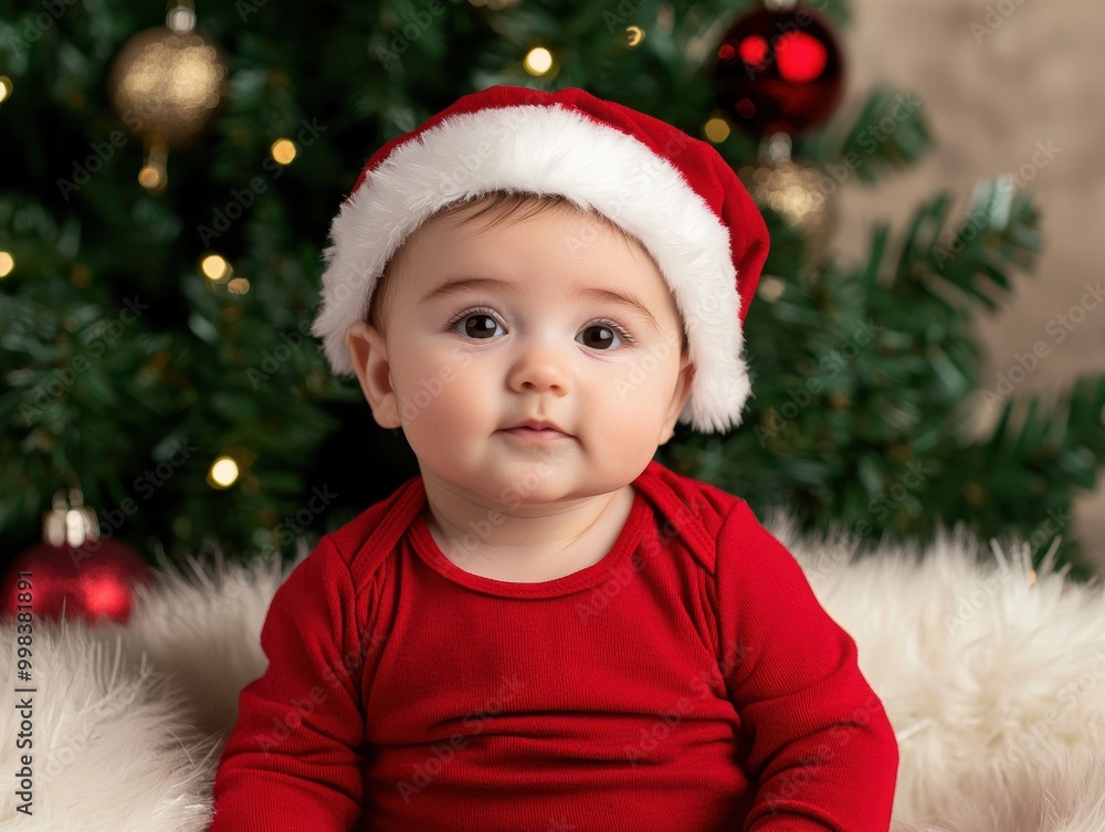 Festive Baby in Santa Hat on Christmas Tree Background Festive Baby in Santa Hat on Christmas Tree Background