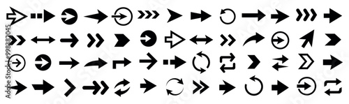 Collection of black arrow signs and direction pointers in different styles. Set of many different arrow icon. Vector illustration isolated on white background.