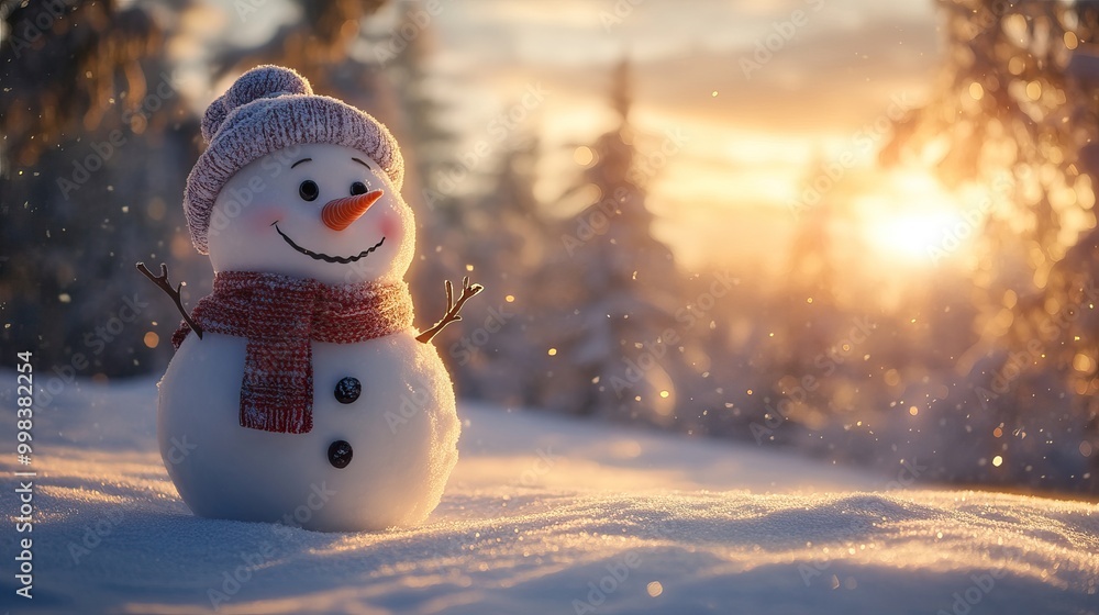 Fototapeta premium A cute smiling snowman wearing a hat and scarf in a snowy landscape. AI generated image