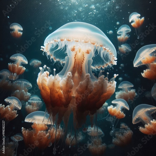 Eared aurelia, or eared jellyfish in the aquarium. A species of scyphoid from the order Discomjellyfish. It inhabits the coastal waters of the temperate and tropical seas, Black and Mediterranean Seas photo