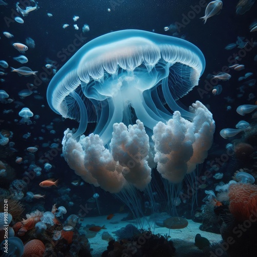 Eared aurelia, or eared jellyfish in the aquarium. A species of scyphoid from the order Discomjellyfish. It inhabits the coastal waters of the temperate and tropical seas, Black and Mediterranean Seas photo